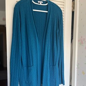 Kim Rogers Teal Cable Open-Front Cotton Cardigan EUC